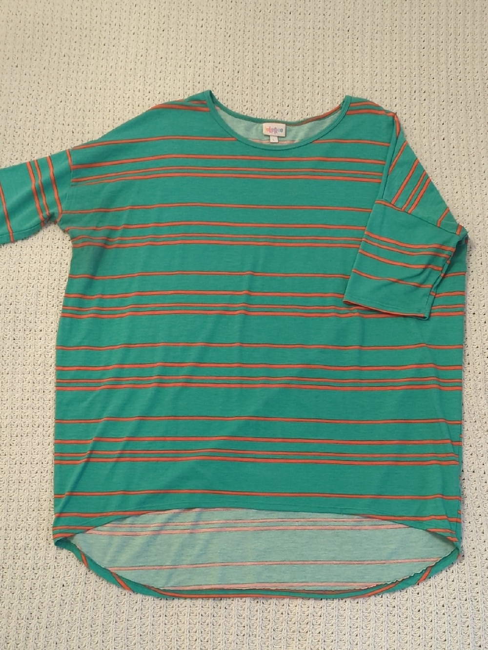 LuLaRoe Teal Striped Irma With Coral Accents